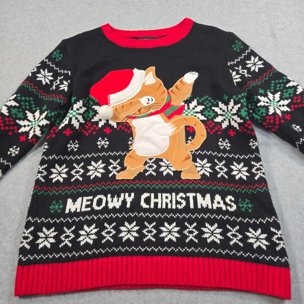Blizzard Bay Boys Meowy Christmas Dabbing Cat Ugly Sweater Black Red L 14/16